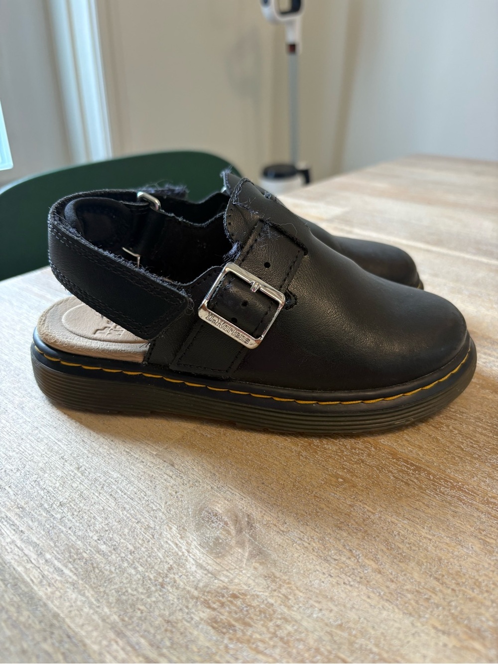 Dr Martens Black Kids Leather Slingback Clog with Adjustable Buckle